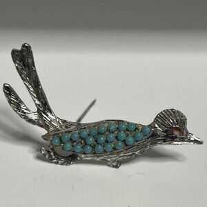 VTG Silver Tone Textured Roadrunner Brooch Pin Faux Turquoise Beads 2"x1.25"